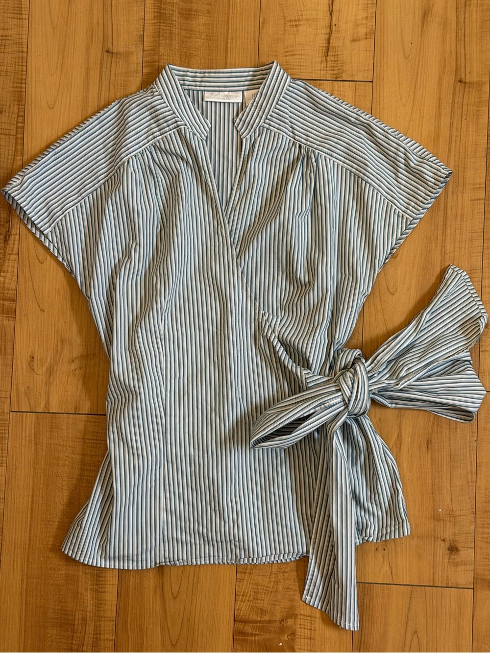 Worthington Stretch Striped Wrap Tie Waist Blouse Top Large